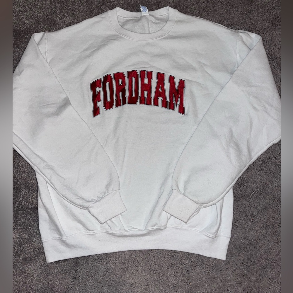 Fordham University Crew Neck Fleece sweatshirt with embroidered name in white
